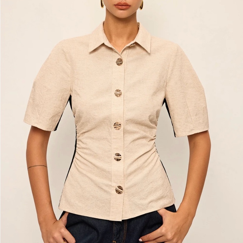 Commense Beige Button-Down Short Sleeve Shirt